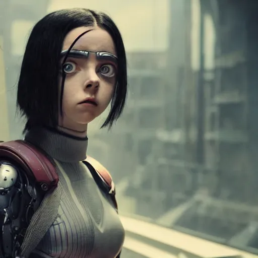 Prompt: Billie Eilish as Alita in Alita:Battle Angel, Film Still, 35mm dramatic lighting, cinematic, deep focus, styleframe,