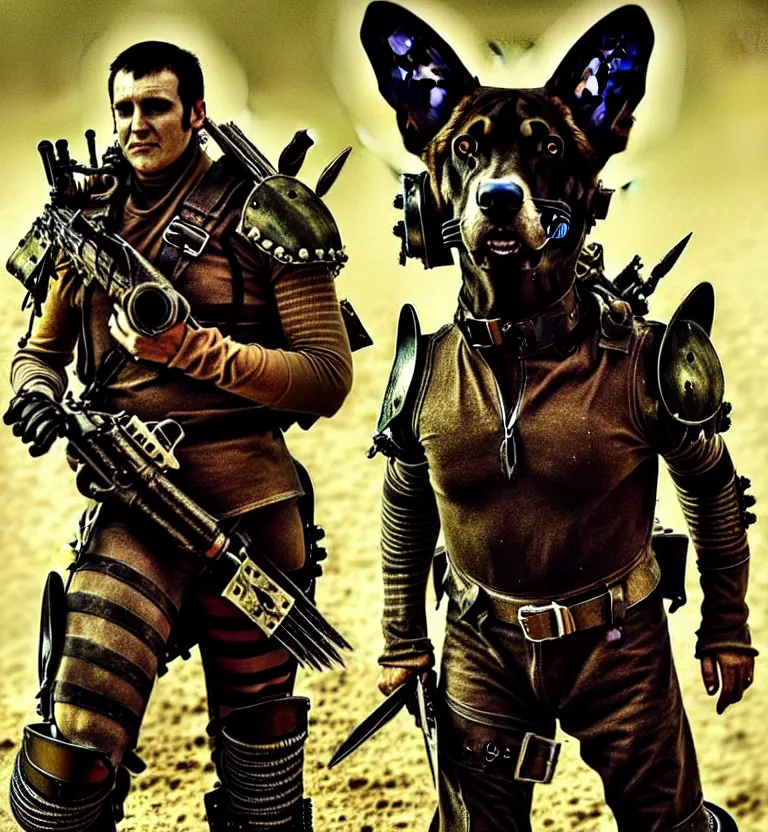 Image similar to a good ol'hound dog fursona ( from the furry fandom ), heavily armed and armored facing down armageddon in a dark and gritty version from the makers of mad max : fury road. witness me.