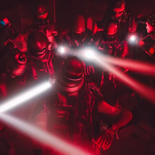 Image similar to giant group smoke bodies, lasers, darkness, macro, wide angle, elaborate, smoke, red dot, highly detailed, beautiful lighting