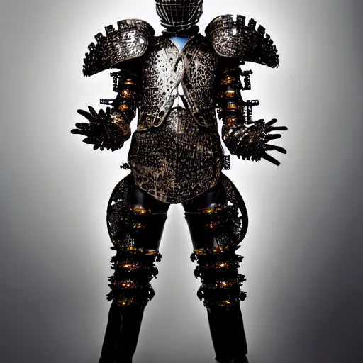 Image similar to a portrait of a beautiful young male wearing an alexander mcqueen armor made of circuits, photographed by andrew thomas huang, artistic