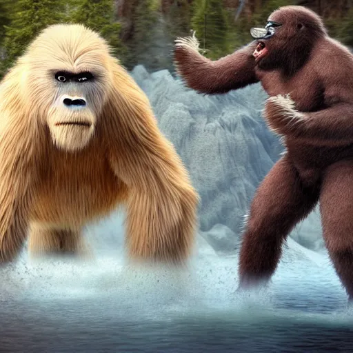 Image similar to a high detailed realistic photo of a yeti and sasquatch fighting