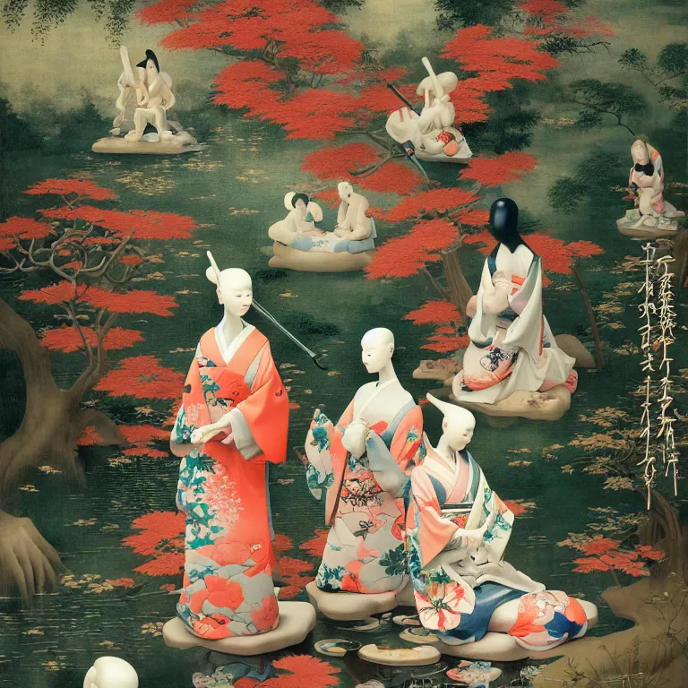 Prompt: Vibrant Japanese Garden, part by Hieronymus Bosch, part by James Jean, part by Ross Tran, elegant Porcelain Japanese Mannequins, oil painting, HD, very cohesive, symmetry, serenity, hypermaximalist, 8k, highly detailed, dream like, masterpiece