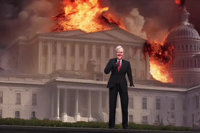 Image similar to senator mitch McConnell laughing maniacally in front of a burning capitol building, digital illustration by artgerm and face by wlop, octane render