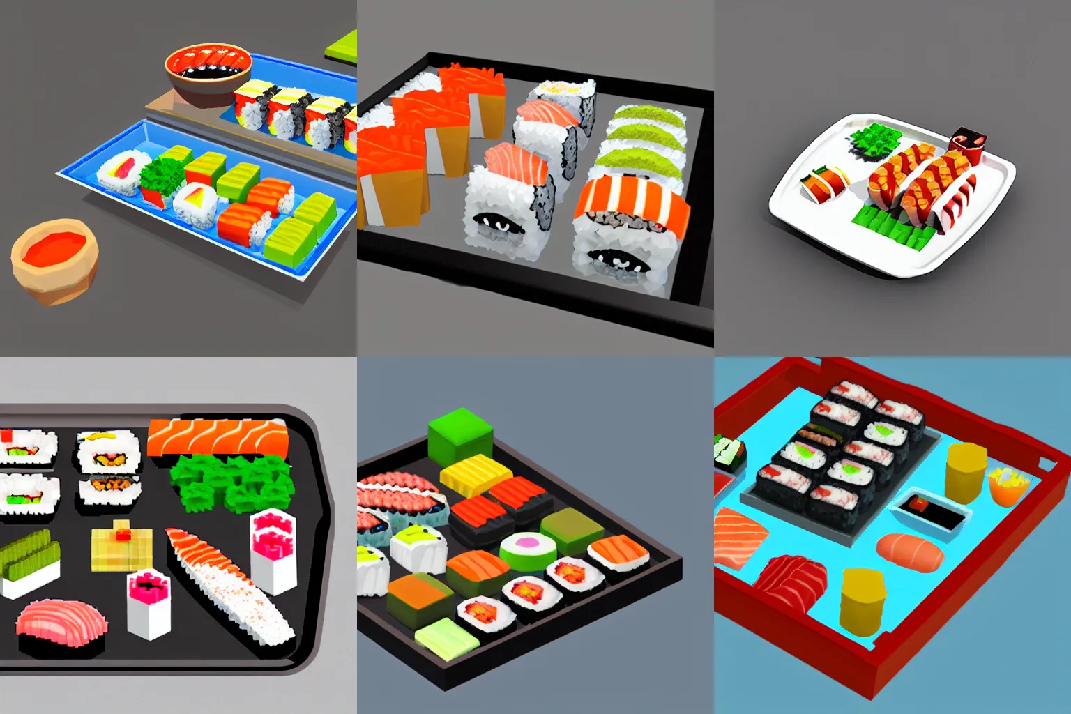 Prompt: a tray with sushi, voxel, pixel, isometric