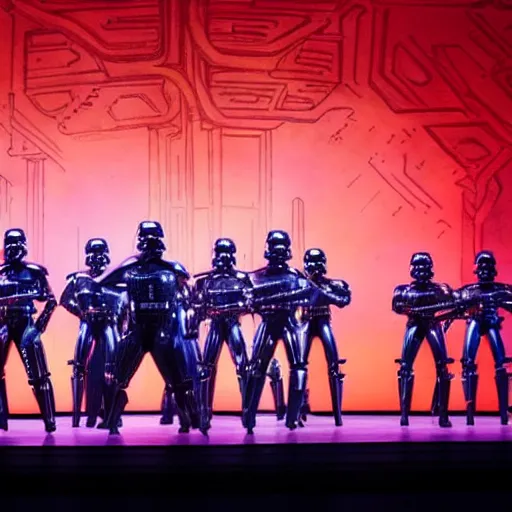 Image similar to Production photo of Star wars the musical on broadway, dancing, star wars costumes by Julie Taymor, set design by Julie Taymor
