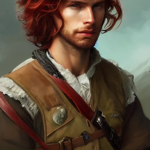 Image similar to portrait of a young curious ranger, male, masculine, upper body, red hair, long hair, soft hair, D&D, fantasy, intricate, elegant, highly detailed, digital painting, artstation, concept art, matte, sharp focus, illustration, art by Artgerm and Greg Rutkowski and Alphonse Mucha