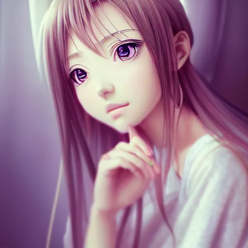 Image similar to beautiful serene intricate portrait of a realistic anime girl, smiling softly, wearing casual clothes, relaxing on the couch, interior lighting, cozy living room interior, soft focus, 8 k, art by irakli nadar, hyperrealism, hyperdetailed, ultra realistic