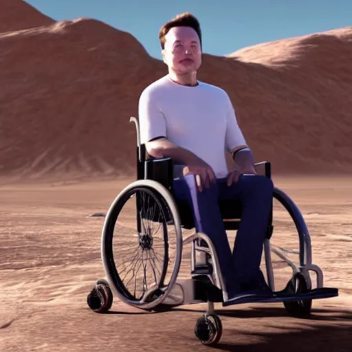 Image similar to elon musk at age 1 0 0 sitting in a wheelchair on planet mars, high quality, photorealistic