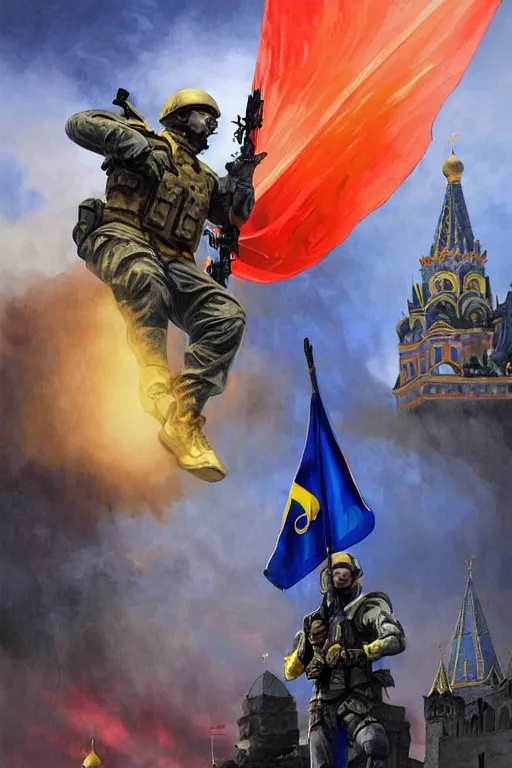 Image similar to special forces soldier installin ukrainian blue and yellow flag on red square kremlin, masculine figure, d & d, fantasy, bright atmosphere, volumetric lights, intricate, elegant, extremely detailed, digital painting, artstation, concept art, matte, smooth, sharp focus, hyper realistic, illustration, art by artgerm and greg rutkowski and alphonse mucha