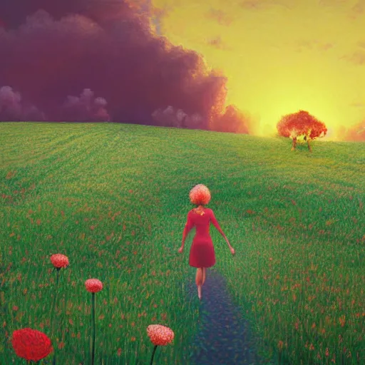 Image similar to giant red carnation afro, full body, girl walking in the middle of a field with flowers, surreal photography, hills, sunrise dramatic light, impressionist painting, colorful clouds, digital painting, pointillism, artstation, simon stalenhag