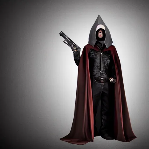 Image similar to a dark cloak with a handgun sticking out of the top where the head should be