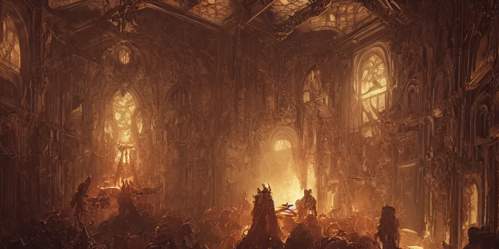 Image similar to ultra realistic illustration,, hell torture chamber interior from doom and warhammer, intricate, elegant, highly detailed, digital painting, artstation, concept art, smooth, sharp focus, illustration, art by artgerm and greg rutkowski and alphonse mucha