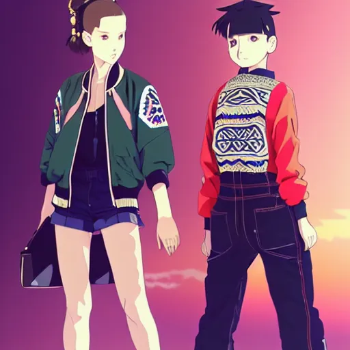 Image similar to a pretty boyish natalie portman alluring grauve model, wearing oversized mayan bomber jacket and leotard with overalls, bulky poofy bomber jacket with mayan patterns, aztec street fashion, gapmoe yandere grimdark, trending on pixiv fanbox, painted by greg rutkowski makoto shinkai takashi takeuchi studio ghibli, akihiko yoshida