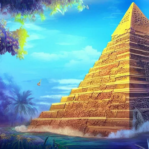 Image similar to ancient pyramids with gardens and waterfalls,digital art,retrowave art,trending on art station