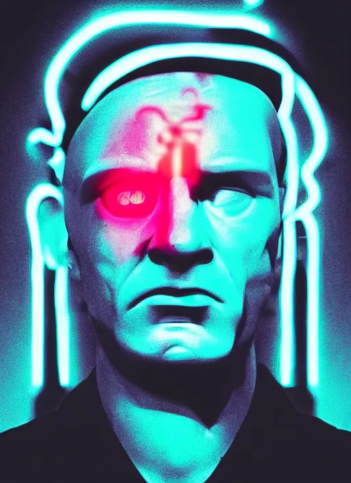 Image similar to portrait of a statue of an angry julius caesar, beeple, vaporwave, retrowave, black background, neon, black, glitch, strong contrast, neon wiring, cuts, pinterest, trending on artstation