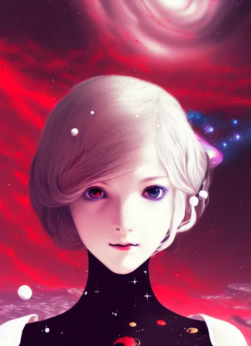 Prompt: highly detailed portrait of a hopeful pretty astronaut lady with a wavy blonde hair, by Fernand Toussaint , 4k resolution, nier:automata inspired, bravely default inspired, vibrant but dreary but upflifting red, black and white color scheme!!! ((Space nebula background))