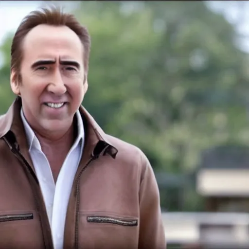 Prompt: A still of Nicholas Cage. Medium shot. He's smiling and looking into the camera.