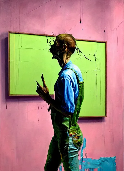 Image similar to an insane, skinny, artist wearing dirty, torn overalls, expressive painting the walls inside a grand messy studio, depth of field, hauntingly surreal, highly detailed oil painting, by francis bacon, edward hopper, adrian ghenie, glenn brown, soft light 4 k in pink, green and blue colour palette, cinematic composition, masterpiece