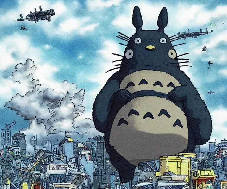 Prompt: giant totoro in the style of godzilla, destroying a city, jet fighters, anime, detailed lines, cloudy skies, tall buildings