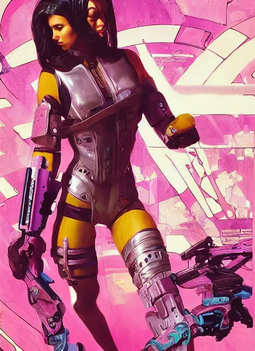 Image similar to beautiful cyberpunk female athlete in pink jumpsuit. lady with blades in arms. ad for cybernetic blade arms. cyberpunk poster by james gurney, azamat khairov, and alphonso mucha. artstationhq. gorgeous face. painting with vivid color, cell shading. ( rb 6 s, cyberpunk 2 0 7 7 )