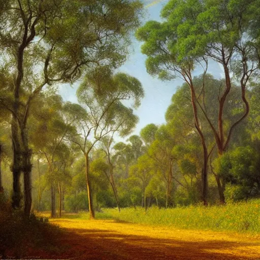 Image similar to a painting of a dirt road surrounded by oak trees and eucalyptus trees and california golden poppies, woodland hill in the distance. an oil painting by Peter Mohrbach and Mark Keathley, featured on deviantart, australian tonalism, pre-raphaelite, impressionism, detailed painting