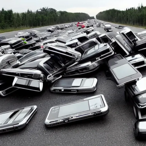 Image similar to pile of smartphones on highway, totalled vehicles from copart, photo