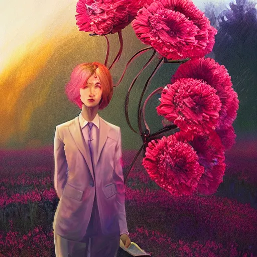 Image similar to giant carnation flower head, frontal, girl in a suit, surreal photography, sunrise, dramatic light, impressionist painting, digital painting, artstation, simon stalenhag