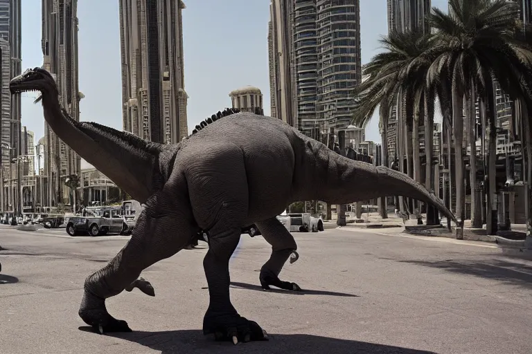 Image similar to cinematography dinosaurs in the streets of Abu Dhabi by Emmanuel Lubezki