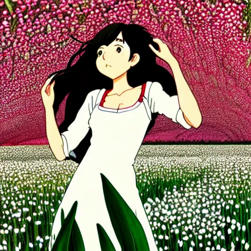 Prompt: beautiful mexican woman, dancing in a tulip and baby's breath field, dark skin, septum piercing and nose ring, prominent cheek bones, black hair and brown eyes, studio ghibli art style, art by hayao miyazaki, makoto shinkai