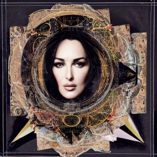 Image similar to a beautiful!!! portrait of Monica Bellucci, collage art of pages from alchemical grimoires, 8K, highly detailed, cryptic and mysterious, hypermaximalist, photorealistic