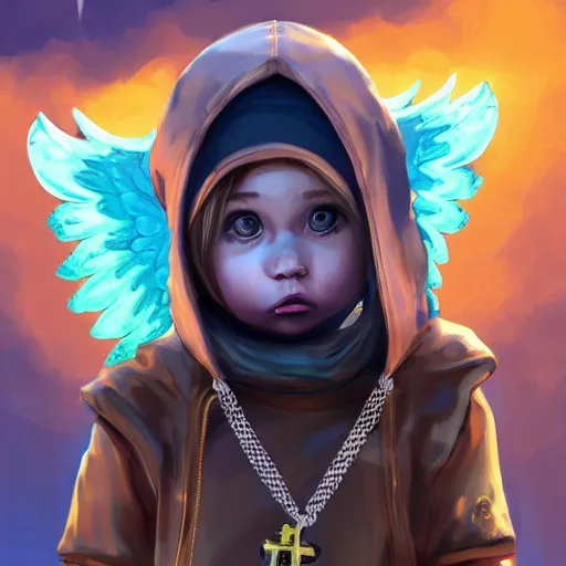 Image similar to baby Angel, baby cherub,wearing angel halo, ski mask, balaclava, face covered, wearing angel halo covered face, orange hoodie, hip hop, multiple golden necklaces, fantasy art apex fortnite Video game icon, 2d game art gta5 cover , official fanart behance hd artstation by Jesper Ejsing, by RHADS, Makoto Shinkai and Lois van baarle, ilya kuvshinov, rossdraws