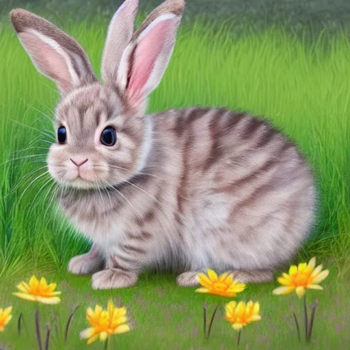 Prompt: hybrid animal mix between cute fluffy tan lop eared bunny rabbit and fluffy grey striped tabby kitten in spring meadow landscape with pond detailed painting 4k