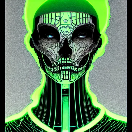 Prompt: portrait top light, by killian eng and joe fenton and martin deschambault and conrad roset, inspired by a cyber skeleton, neon green and grey only, etching and paint wash, fine sharp high detail,