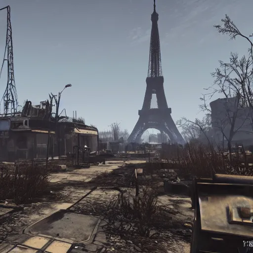 Prompt: Paris in ruins post-nuclear war in Fallout 4, in game screenshot