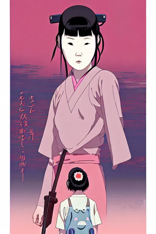 Prompt: Artwork by James Jean, Phil noto and studio ghibli ; (1) a young Japanese future samurai police lady named Yoshimi battles an (1) enormous evil natured carnivorous pink robot on the streets of Tokyo; Japanese shops and neon signage; crowds of people running; Art work by Phil noto and James Jean