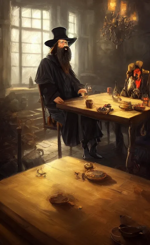 Prompt: a beautiful artwork illustration, a man with long black beard and oversized wizard hat sitting at a table in a tavern, volumetric fog, godrays, high contrast, high contrast, high contrast, vibrant colors, vivid colors, high saturation, by Greg Rutkowski and Jesper Ejsing and Raymond Swanland, featured on artstation, wide angle, vertical orientation