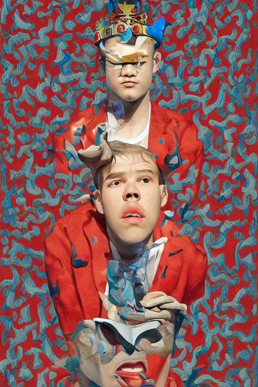 Image similar to magnus carlsen as supreme king of chess, a surrealist painting by james jean, trending on cgsociety, pop surrealism, androgynous, grotesque, angular