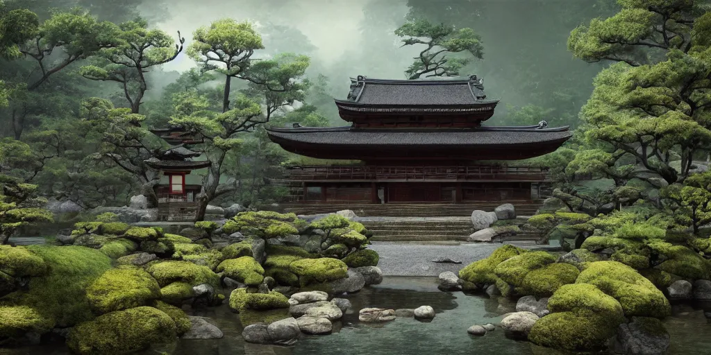 Image similar to a ancient japanese temple in the middle of a forest mear a small river, extremely highly detailed, high quality, 8K HDR, octane render, unreal engine 5, hyperrealistic, concept art, trending on Artstation, dramatic lighting, cinematic, high coherence, path tracing, ruins, clouds in the sky, singular building, centered