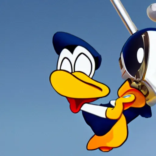 Prompt: donald duck hanging from a chopper with a lightsaber