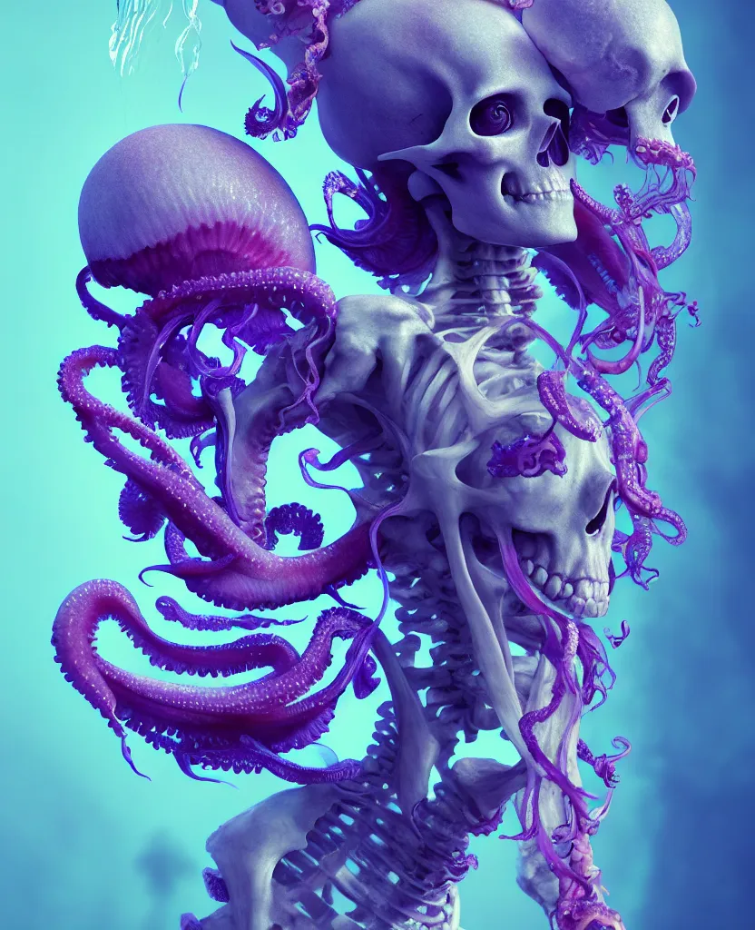 Image similar to goddess close - up portrait human skeleton, ram skull, squid phoenix jellyfish, orchid, betta fish, bioluminiscent, intricate artwork by tooth wu and wlop and beeple. octane render, trending on artstation, greg rutkowski very coherent symmetrical artwork. cinematic, hyper realism, high detail, octane render, 8 k