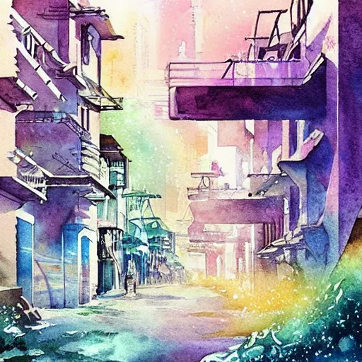 Image similar to Beautiful happy picturesque charming sci-fi city in harmony with nature. Nice colour scheme, soft warm colour. Beautiful detailed watercolor by Lurid. (2022)
