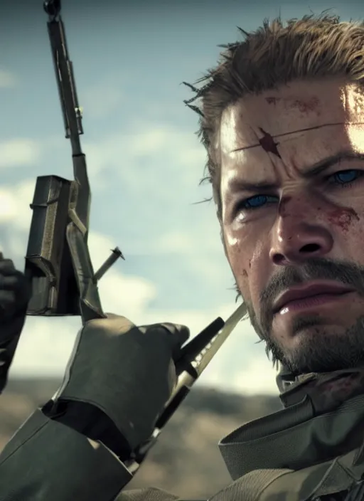 Image similar to film still of paul walker as snake in metal gear solid the phantom pain, gameplay, 8 k, hd