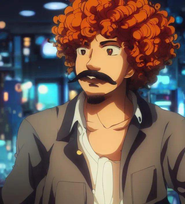 Image similar to close - up anime still of ( ( charming!!!!! latino middle - aged anime protagonist with curly afro and moustache!!! tilting his head charmingly ) late night in an anime bar, cozy lights, detailed orange atmosphere. cinematic rim lighting, global illumination, trending on artstation, hypdertailed, perfect shading, dreamy, masterpiece