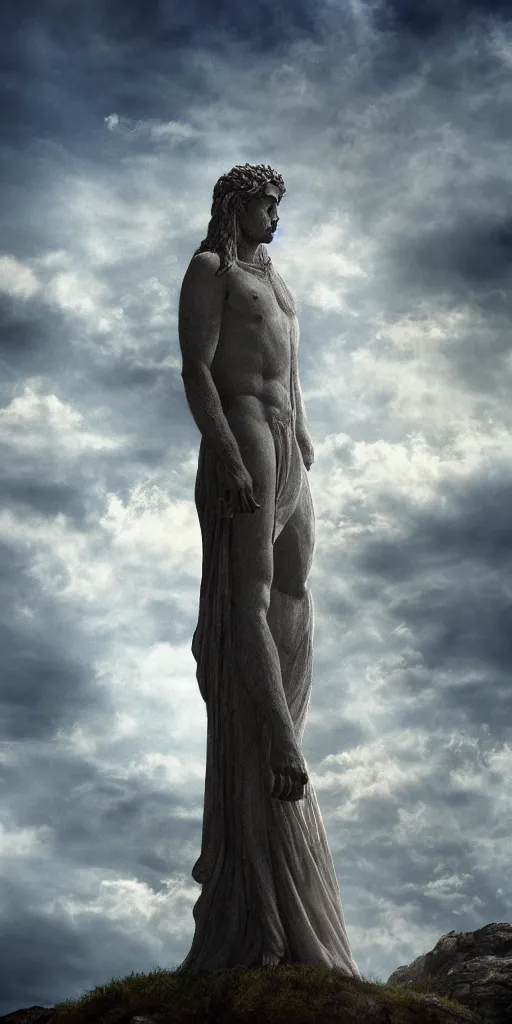 Prompt: a lonely god standing tall on a hill, photorealism, sunshaft, greek mythology