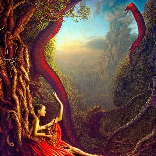 Image similar to Photorealistic devil in the garden of eden in the style of Michael Whelan and Gustave Dore. Hyperdetailed photorealism, 108 megapixels, amazing depth, glowing rich colors, powerful imagery, psychedelic Overtones, 3D finalrender, 3d shading, cinematic lighting, artstation concept art