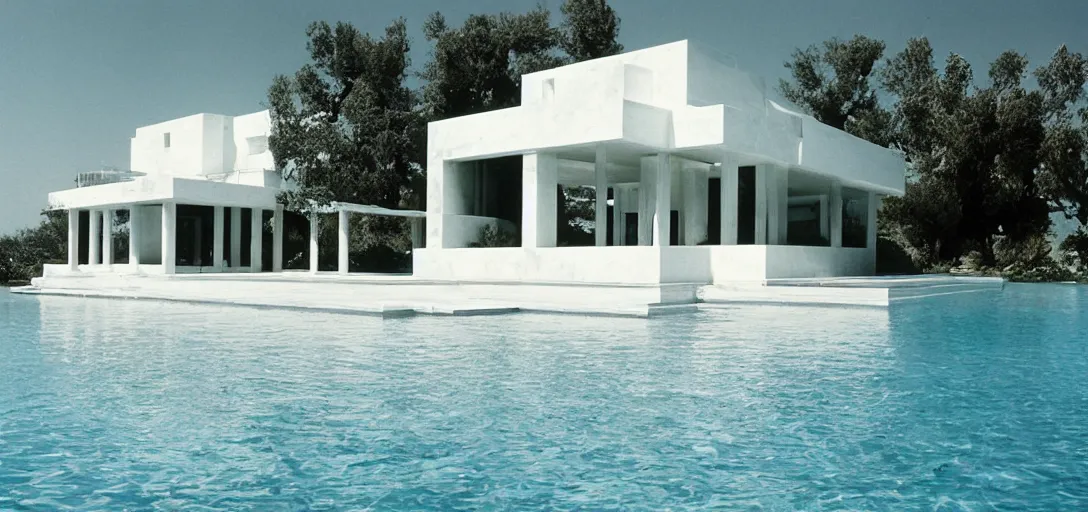 Image similar to ivory - white marble house designed by ictinus in california. photographed in 1 9 7 2. person swimming underwater in pool