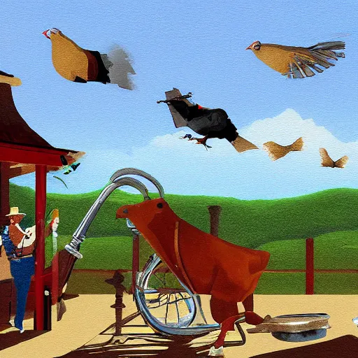 Image similar to A digital painting of a cannon on a porch. Birds are flying over and one of them is hit by a vase that was thrown into the air. A bull plays saxophone while next to the bull a farmer with a pitchfork smokes a cigarette.