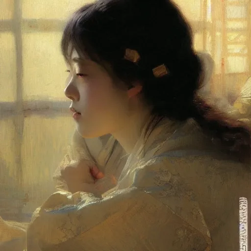 Image similar to detailed portrait of japanese girl, spring light, painting by gaston bussiere, craig mullins, j. c. leyendecker