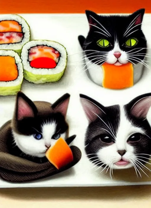 Image similar to clear photorealistic picture of adorable cats made out of sushi