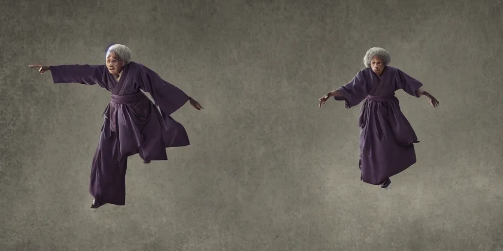 Prompt: a film still of an old black woman starring in a japanese blockbuster film as ancient sensei, levitating mid air, intense, shallow depth of field, cinematic, award winning cgi, vfx, film still